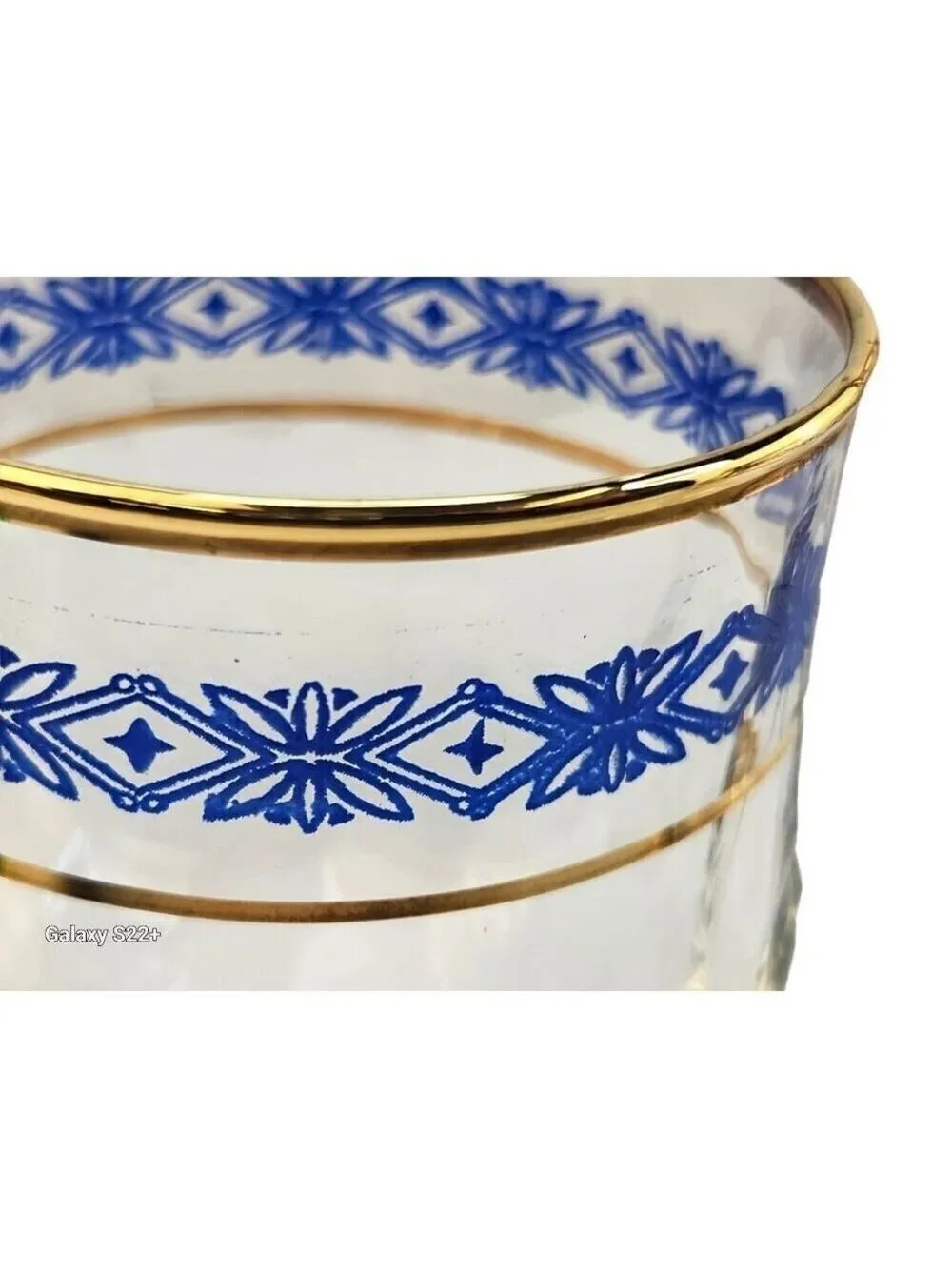 Steamed Wine Glasses Blue Floral Diamond & Gold Rim Design, Swirl Glass